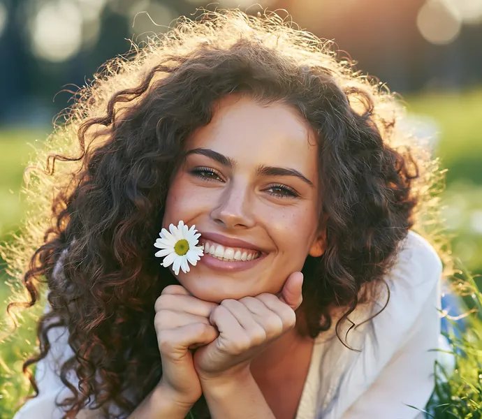 Mujer sonriendo con dientes sanos después de su limpieza dental